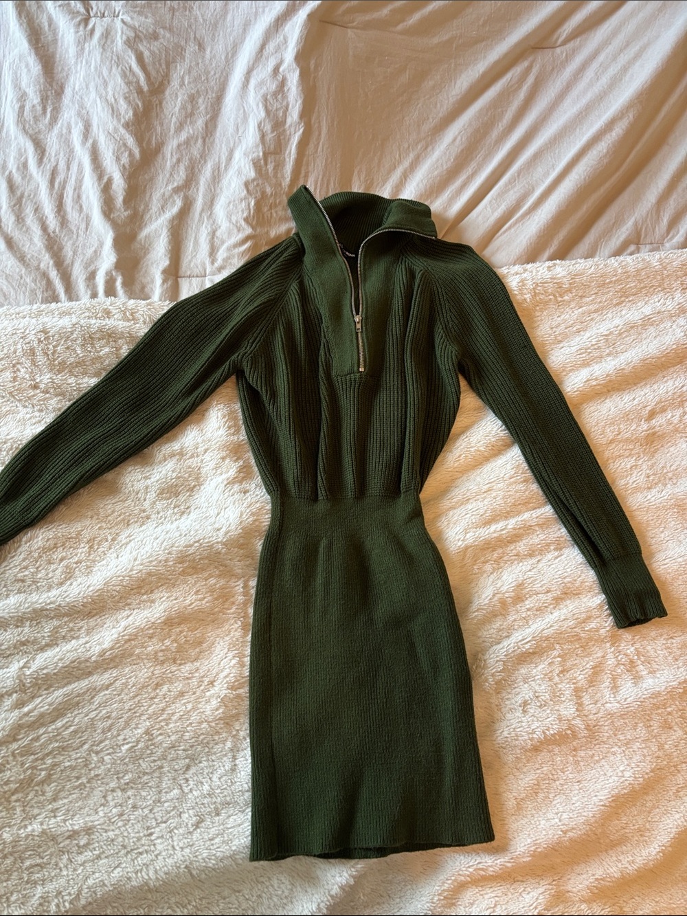 Fashion Nova Dark Green Ribbed Long Sleeve Zip-Front Dress sweater